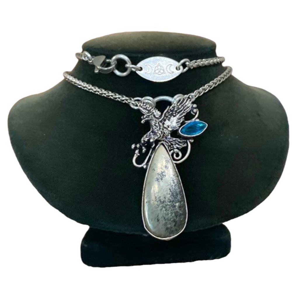 Blue topaz & golden black pyrite gemstone eagle charm boho necklace - Picture 2 of 16